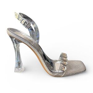 Giani Bini Metallic Silver and Clear Embellished Slingback Heels